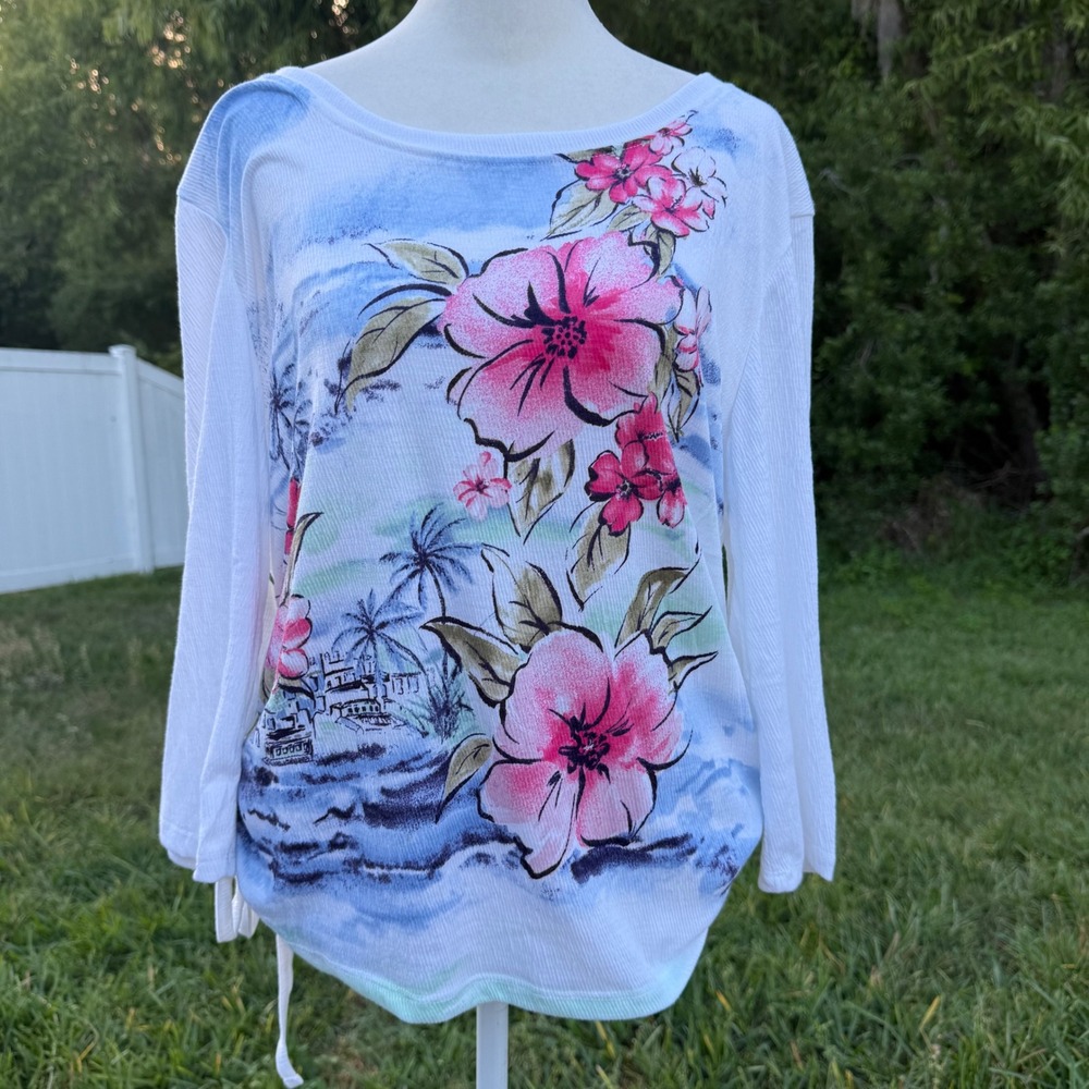 Coral Bay Floral Top Women's L White Blue Side Tie Lightweight